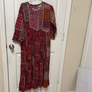 NWT Indian Pakistani Bohemian Patchwork Midi Dress in Burgundy top kurti -